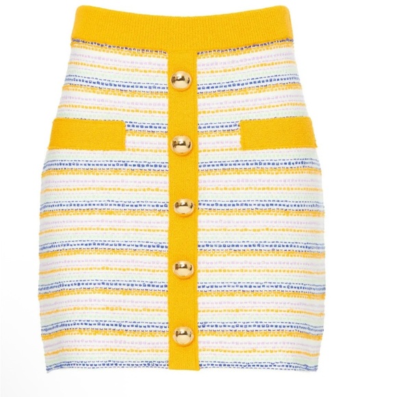 Milly Yellow and Blue Striped Tweed Skirt with Gold Buttons - Picture 1 of 12